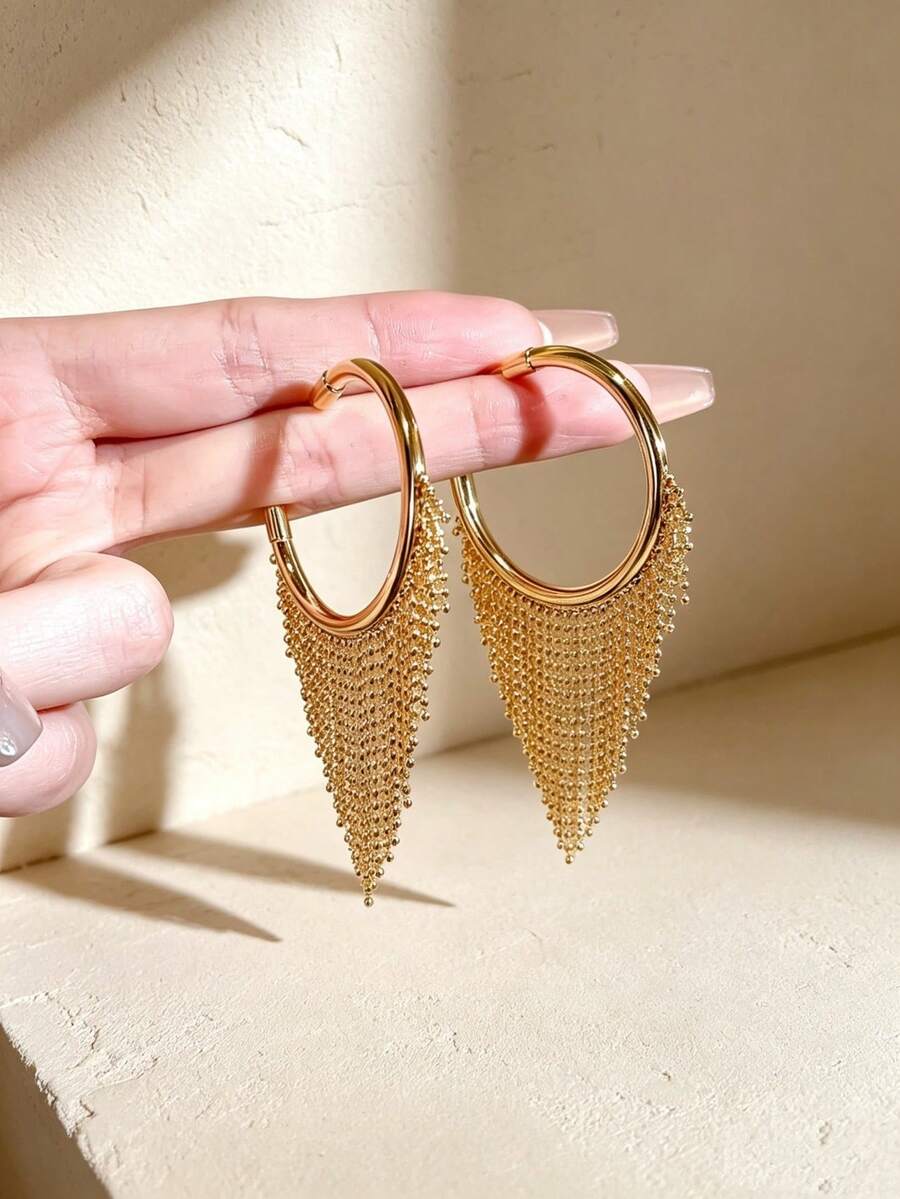 JOJELOO 1 Pair Fashion Large Hoop Metal Ring With Layered Bead Tassel Earrings, Long Tassel Teardrop Shape Tassel Earrings, Wedding Accessories - Earrings - View 1