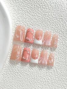10片溫柔極簡風手工穿戴甲，Polygel美甲套組，珍珠海星圖案，粉色與白色甲色，島嶼風，含美甲工具，3種尺寸可選，杏仁/鴨嘴/棺材形，適合派對、跳舞、日常配戴 - 彩色 - 查看 20