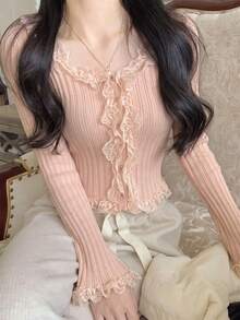 Women's Korean Style V-Neck Ruffle Lace Button-Front Top, Vertical Ribbed Elastic Waist Cropped Flare Sleeve Knit, Early Autumn, Photo Pink Fall - Pink - View 7