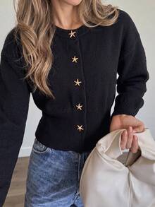 This Stylish Black Long Sleeve Sweater Is Designed For Women, Featuring Starfish Buttons And A Regular Length, Perfect For Wearing In Cool Weather. - Black - View 4