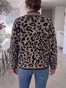 Plus Size Leopard Print Fashion Vintage Long Sleeve Knit Top - Multicolor - View 5