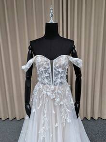 Summer Elegant Deep V-Neck Applique Long Mesh A-Line Wedding Dress, Formal Off-Shoulder Ball Gown, Women - Beige - View 7