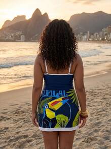 CAJUNI Plus Size Women's 2pcs Tropical Print Deep V One-Piece Swimsuit With Matching Short Printed Wrap Skirt, Beach Holiday Vacation Summer - Multicolor - View 4