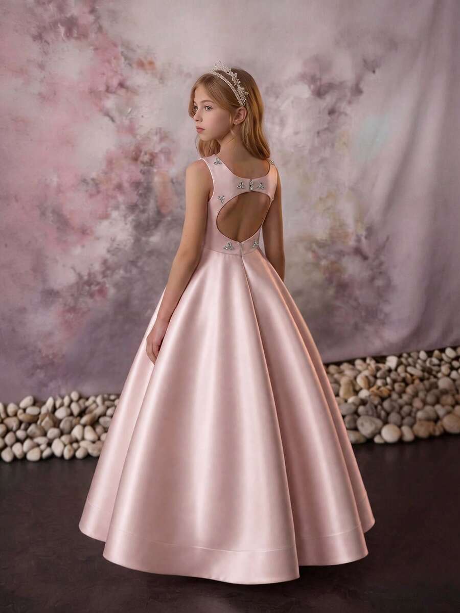 少女粉色无袖手工串珠公主裙，适合儿童生日派对、花童、婚礼、舞会、聚会和其他正式场合。 - 粉色 - 查看 1