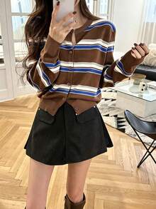 Women's Autumn Korean Style Vintage Youthful Round Neck Single-Breasted Long Sleeve Striped Knit Cardigan - Coffee Brown - View 2