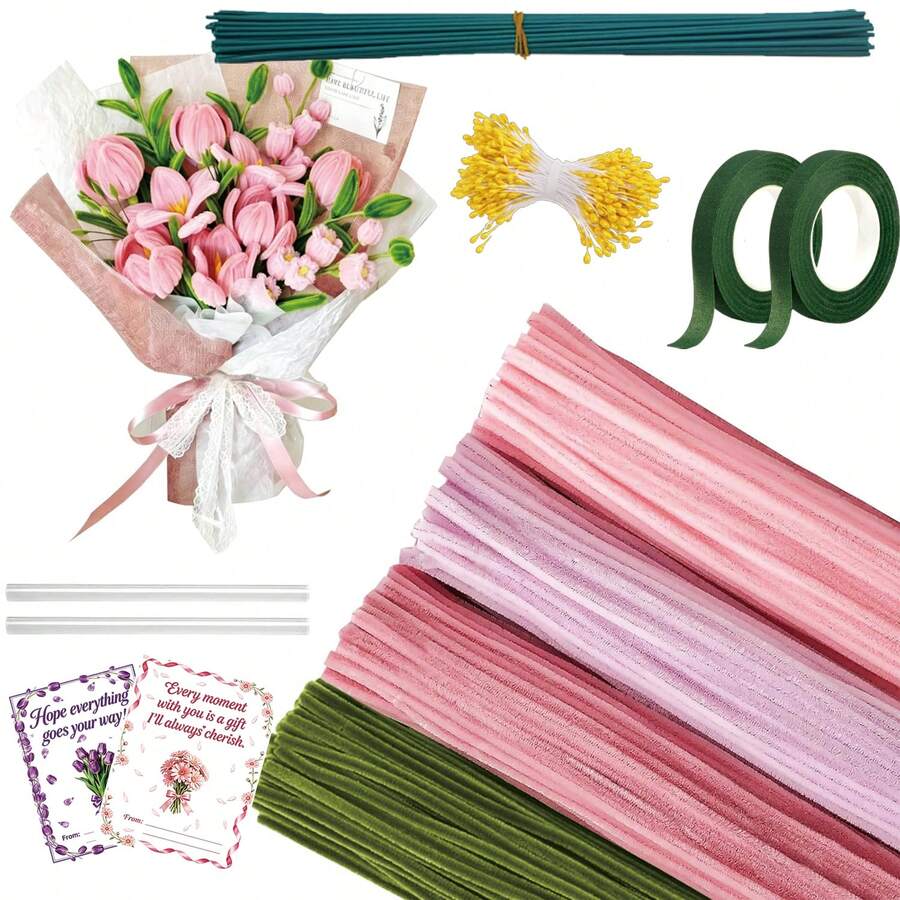 576Pcs Multi-Color Pipe Cleaner Flower Bouquet DIY Kit, Soft Fuzzy Chenille Stems Craft Supplies, 400 Assorted Pipe Cleaners, Floral Stems, Floral Tape, Step-By-Step Guide & Tutorial Video, Beginner Handmade Flower Set. - 576pcs - 查看 1