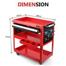 Crystals 3 Tier Rolling Tool Trolley Cart With Lockable Drawer, Steel Garage Storage Organizer With Wheels, Workshop Utility Service Cart 75kg Capacity - Red - View 2
