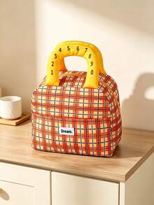 1pc/6pcs Back To School Cute Number Handle Lunch Tote Bag, Classic Plaid And Solid Color Options, Front Extra Pocket, Smooth Zipper, Large Capacity Interior Space For Meals And Utensils, Portable Design Suitable For Daily Commute, Picnic And Outdoor Short Trips - Multicolor - View 15