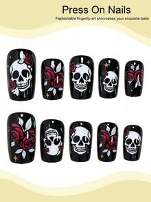 Decore suas unhas de Halloween! 24 peças de unhas postiças de formato quadrado médio, estilo vintage clássico escuro, padrão de caveira em contraste preto e branco, estilo Y2K, design de flor de rosa bordô, padrão minimalista de caveira branca vazada, design de flor estrela, unhas de Halloween, inclui 1 peça de cola de gelatina e 1 peça de lixa de unha (cola de gelatina enviada aleatoriamente), adequado para mulheres e meninas como presente de Halloween, pode ser usado para festas, reuniões e outras ocasiões - Multicolorido - Visão 3
