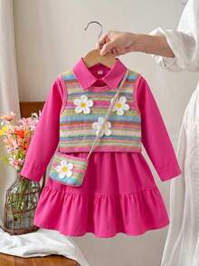 Set Pakaian Kasual Anak Perempuan, Gaun Kemeja Depan Setengah Terbuka Sederhana Warna Merah Mawar, Rompi Bunga 3D, dan Tas Fashion Bunga 3D - Hot Pink - View 1