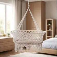 Boho Style Rope Hammock With Ruffle Tassels, Creamy Black Colours, For Indoor And Outdoor Use, Ideal For Bedroom, Balcony, Garden And Terrace, With Soft Cushion - B - View 7