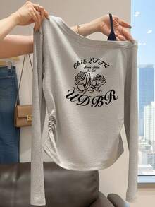 Korean Sweet Cool Style Rose Letter Asymmetrical Neck Long Sleeve Top, Ruched Slim Fit Flattering Versatile Base Layer Casual - Light Grey - View 1