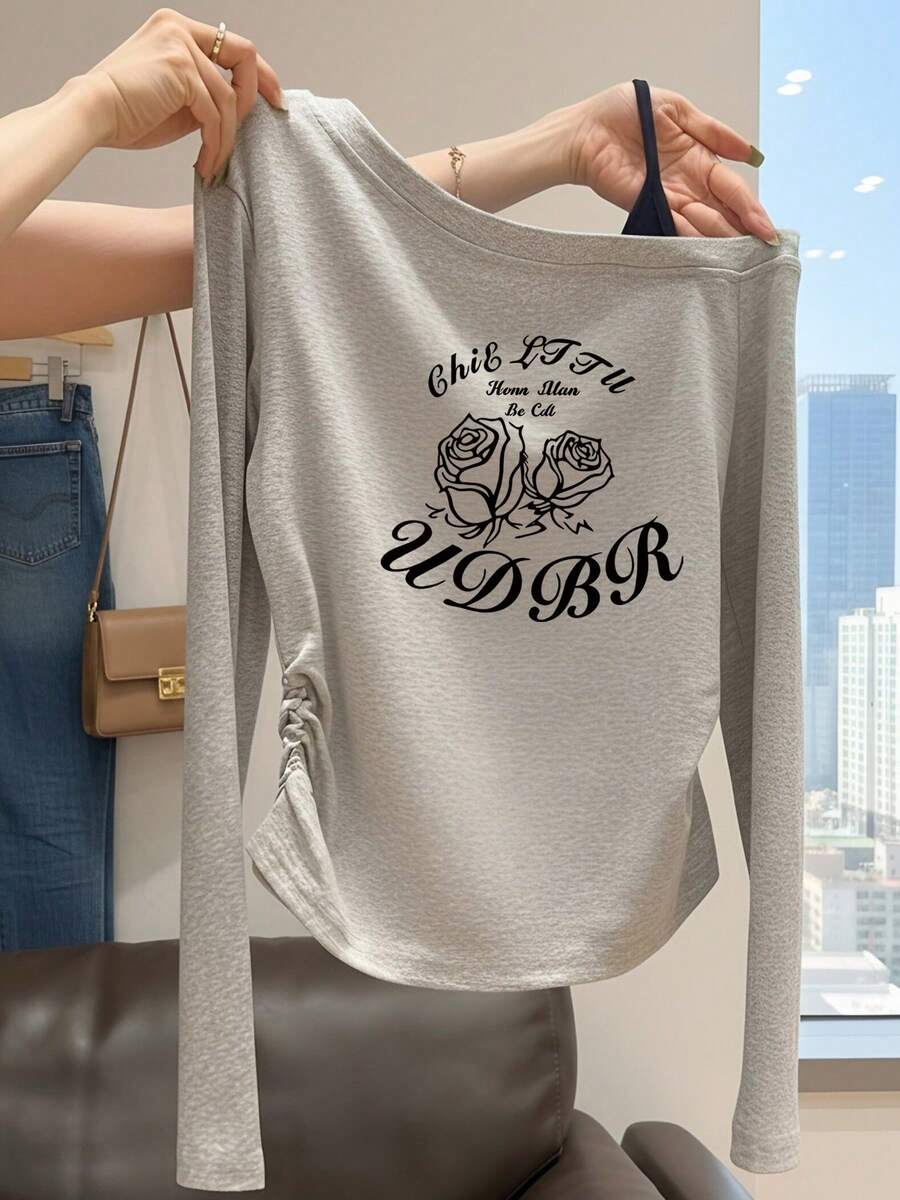 Korean Sweet Cool Style Rose Letter Asymmetrical Neck Long Sleeve Top, Ruched Slim Fit Flattering Versatile Base Layer Casual - Light Grey - View 1