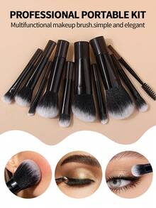 Set completo de 11 piezas de brochas de maquillaje, brochas de rostro y ojos de múltiples formas con vaso de almacenamiento portátil para viajes y tocador - Negro - Ver 8