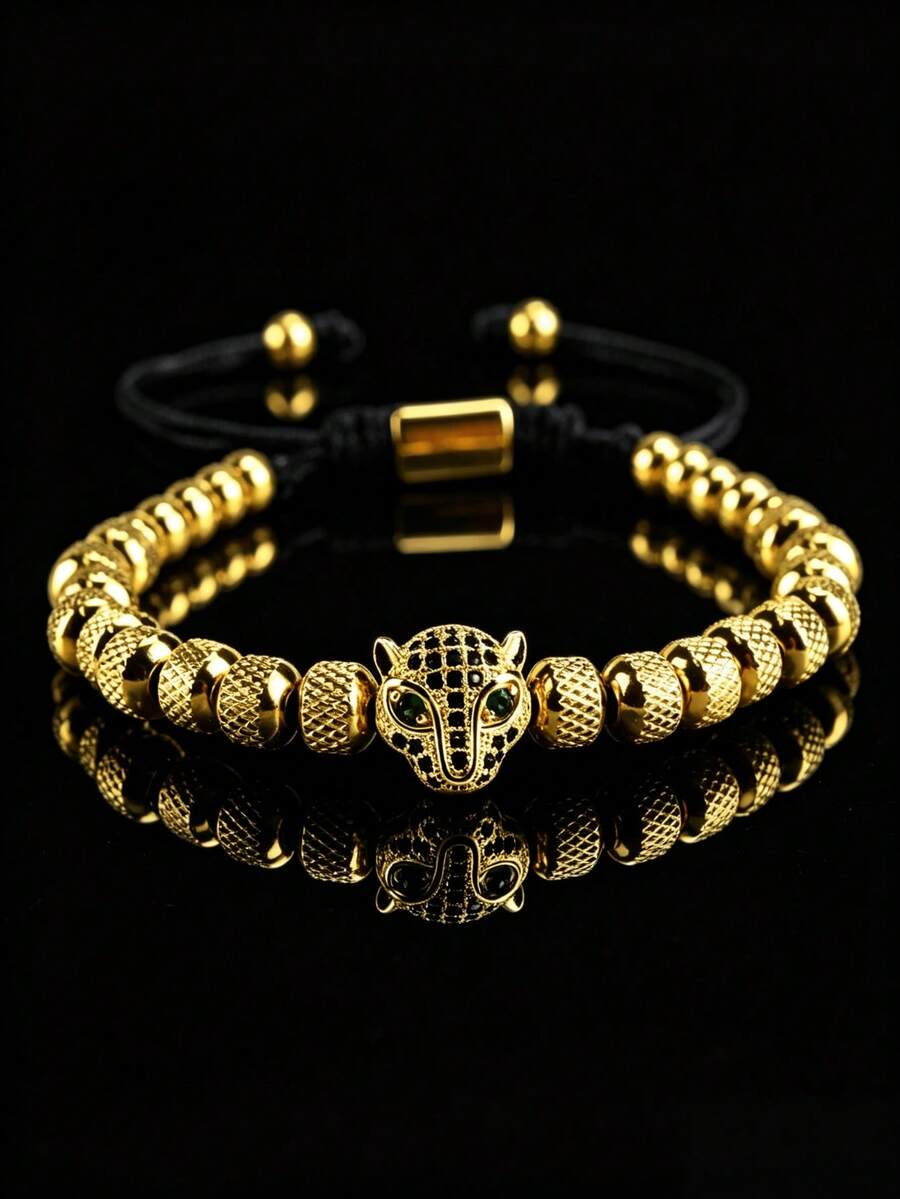 1pc Luxury Stainless Steel Leopard Decor Braided Rope Bracelet, Suitable For Daily Wear, Can Be Given As A Gift To Boyfriend, Friend, Birthday Party (Bead Quantity Randomly Matched Combination)