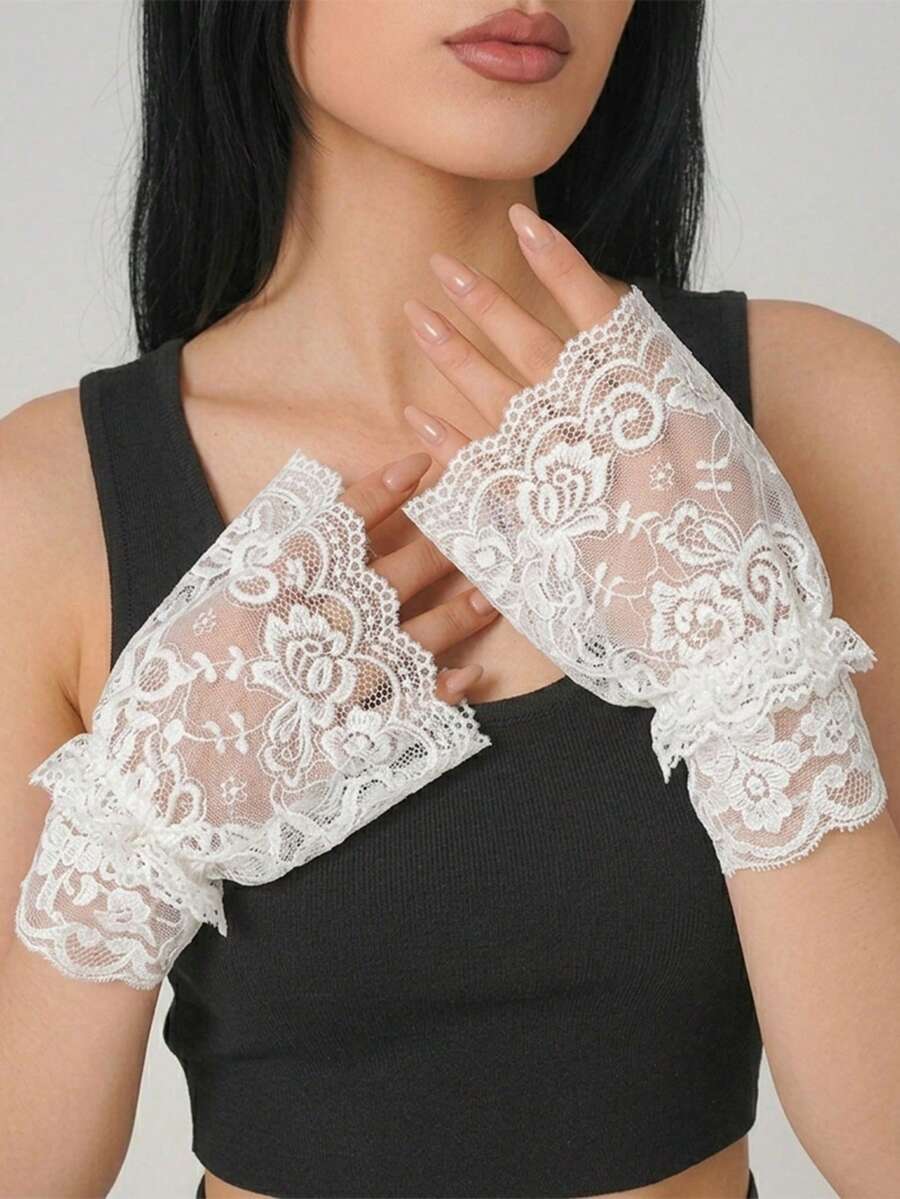1 Pair Elegant French Double Layer Ruffle Lace Fingerless Gloves, Sheer Mesh Floral Wrist Sleeves, Wedding Lolita Cosplay Daily Decoration - Multicolor - View 1