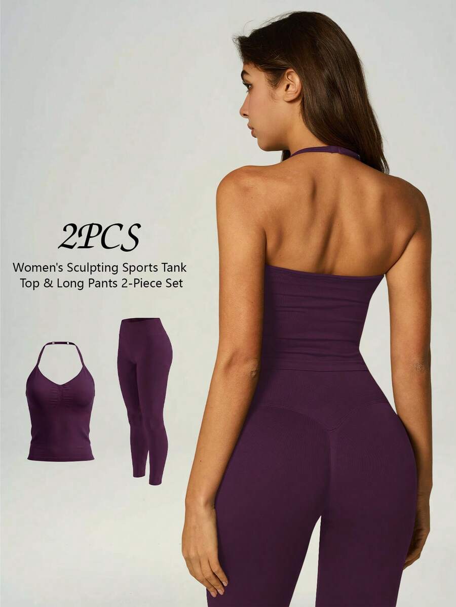 UONNOU 2pcs Women's Sports Body Shaping Set, Seamless Halter Neck Ruched Backless Top And High Waist Butt Lifting Tight Leggings, - Purple - View 1