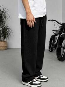 Men's Lightweight Plaid Knit Pants, Loose Straight Leg With Drawstring, Breathable Summer Sweatpants - Black - View 1