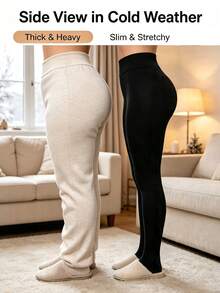 Women's High Waist Elastic Velvet Warm Leggings, Thick Fleece Lined, Suitable For Winter - Black - View 1