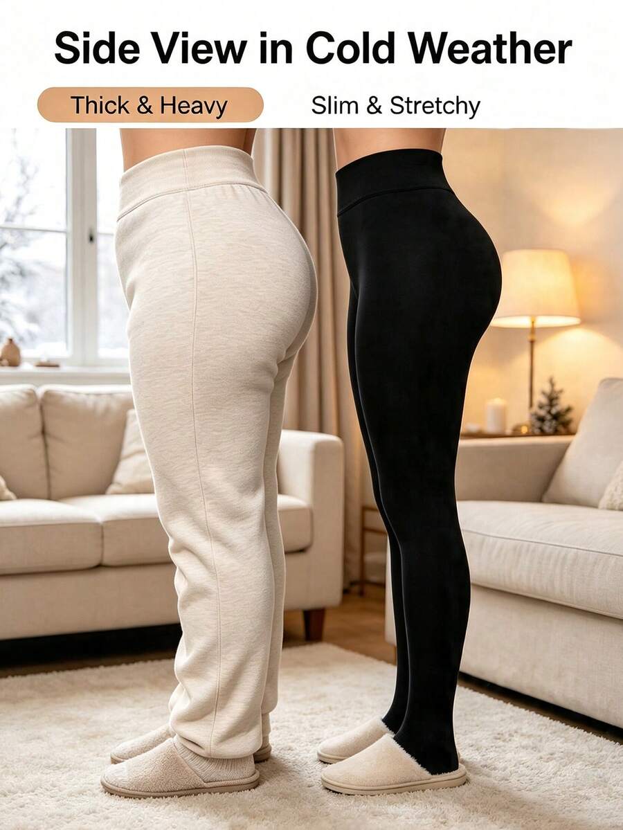 Women's High Waist Elastic Velvet Warm Leggings, Thick Fleece Lined, Suitable For Winter - Black - View 1
