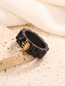 1pc Fashion Minimalist Multi-Color Crown Stainless Steel Ring, Durable & Fade-Resistant, Suitable For Daily Wear, Hot-Selling Jewelry, Luxury Style, Versatile Design - Black - View 5