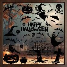 9pcs Happy Halloween Static Window Stickers, Black Eerie Witch, Ghost, Pumpkin, Bat, Skeleton, Spider Web, Tree, Tombstone Window Decals, Removable Glass Decoration Stickers, Suitable For Home Indoor Halloween Party Decor - Multicolor - View 4