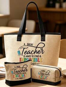 教師節禮物，女士沙灘托特包套組，「Teach」圖案沙灘配件帆布包，單肩包，手提包，亞麻化妝包，方形文具包，適合春夏沙灘度假與戶外婚禮，生日，節日，送給女性、媽媽、老師、朋友、伴娘、學生的好禮，返校季，大容量包，送給朋友的個性化生日禮物，教師節禮物，返校必備用品 - 彩色 - 查看 14