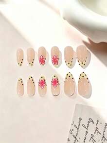 24pcs Short Press-On Nails, French Tip Design, Almond Shape, Nude Pink Base, Cream Yellow Nails, Pink Five-Petal Flower - Baby Pink - View 2