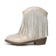 NILOSH Girls' Beige Glitter Tassel Decor Embroidered Side Zipper Round Toe Low Chunky Heel Western Cowboy Boots - Beige - View 23