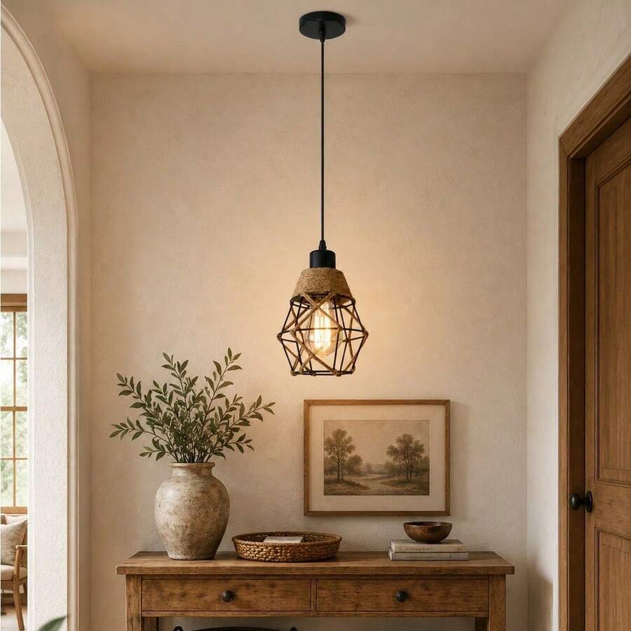 1/2pcs Nordic Vintage Rope Pendant Light Industrial Geometric Iron Birdcage Hanging Light For Dining Room Bar Kitchen Bedroom Bedside Lighting E27 Light Source Rustic Decor Lighting (Bulb Not Included) - Black - View 1