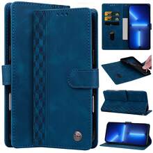 GLANDOTU Casing PU Minimalis Motif Papan Catur Kulit Dilengkapi Desain Dompet Flip Tipis Bergaya Bisnis dengan Ukiran 3D, Slot Kartu, dan Stand, Kompatibel dengan Berbagai Merek, Cocok sebagai Hadiah Ulang Tahun Musim Semi, Versi Internasional, Bukan Versi Domestik - Biru - View 1