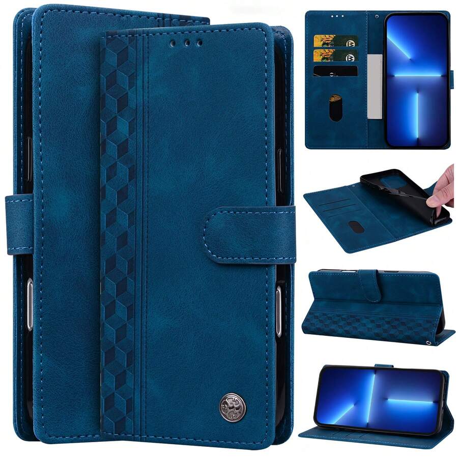 GLANDOTU Casing PU Minimalis Motif Papan Catur Kulit Dilengkapi Desain Dompet Flip Tipis Bergaya Bisnis dengan Ukiran 3D, Slot Kartu, dan Stand, Kompatibel dengan Berbagai Merek, Cocok sebagai Hadiah Ulang Tahun Musim Semi, Versi Internasional, Bukan Versi Domestik - Biru - View 1