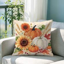 1pc Autumn Watercolor Pumpkin Sunflower Maple Leaf Pattern Cushion Cover, Single-Sided Printed Skin-Friendly Peach Skin Velvet Material, 45*45CM Pillowcase Suitable For Home Indoor Room Living Room Decoration Party Decoration, Holiday Decoration Cushion Cover Gift, No Pillow Insert - Multicolor - View 7