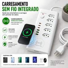 Régua de Tomadas 5 Entradas 20A com 3 USB e 3 USB Tipo C, Carregador Wireless por Indução, Filtro de Linha Bivolt, Cabo 2 Metros, Carregamento Rápido, Extensão Elétrica com Proteção Contra Sobrecarga, Ideal para Celular, Notebook, Computador, Monitor, TV, Videogame, Escritório, Home Office e Uso Residencial - Entrada do Brasil (220V) - Visão 3