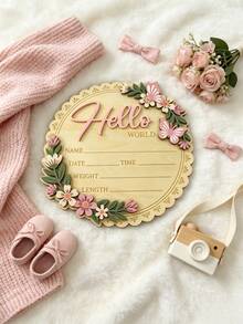 木製嬰兒出生公告板 Hello World 花卉蝴蝶紀念牌，可客製化姓名/日期/時間/體重/身高，新生兒拍照道具，嬰兒派對性別揭曉派對裝飾 - 彩色 - 查看 15