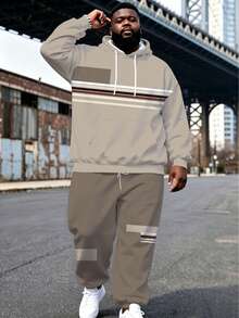Plus Size Men's Casual Sports Suit, Khaki Striped Patchwork Hoodie And Drawstring Pants 2 Pieces Set, Loose Fit Outfit - Khaki - View 1