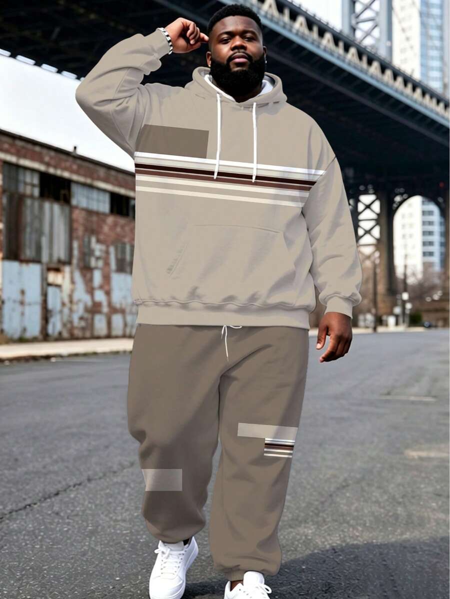 Plus Size Men's Casual Sports Suit, Khaki Striped Patchwork Hoodie And Drawstring Pants 2 Pieces Set, Loose Fit Outfit - Khaki - View 1