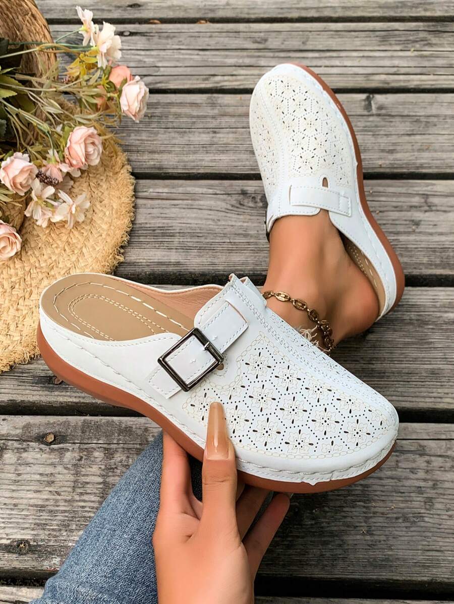 New Women's Thick Sole Platform Wedge Sandals With Buckle Hollow Design Solid Color Beach