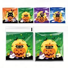 100pcs 4-In-1 New Halloween Series Cute Cartoon Castle Ghost Cat Pumpkin Transparent Self-Adhesive Bags, Halloween Party Small Gift Packaging Bags - Multicolor - View 6