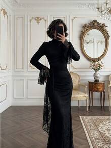 Elegantes Spitzen-Stehkragen-Kleid mit extra langen Ärmeln, figurbetontes Partykleid für Halloween - Schwarz - Übersicht 3
