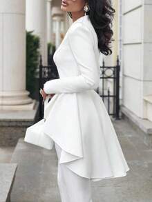 Plus Size Women's White Elegant Cinched Waist Ruffle Blazer, Holiday Wedding White Elegant Tailcoat Blazer, Office Commute Business Gathering V-Neck Blazer - White - View 4