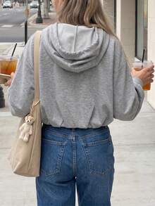 Women's Ribbed Knit Zip-Up Drawstring Hooded Jacket - Grey - View 2