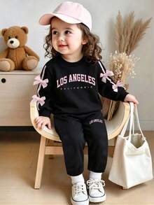 Baby Girl Letter Pattern Ribbon Bow Decor Round Neck Long Sleeve Top And Pants - Black - View 2