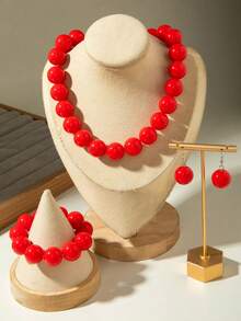 1pc Necklace + 1pc Bracelet + 1 Pair Earrings / Dopamine Vacation Style Retro Acrylic Red Large Round Bead Jewelry Set Suitable For Women Beach Outing Jewelry Gift - 31473-nBE-red-set-eP - View 4