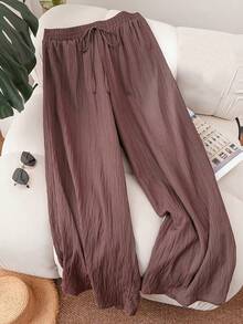 Women's Solid Olive Green Textured Elastic Waistband Faux Drawstring Wide Leg Casual Loose Full Length Pants - Light Brown - View 1