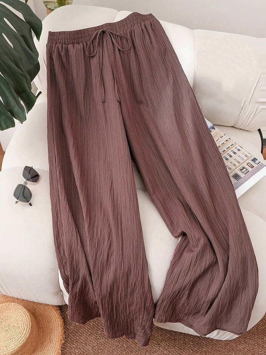 Women's Solid Olive Green Textured Elastic Waistband Faux Drawstring Wide Leg Casual Loose Full Length Pants - Light Brown - View 1