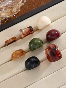 8pcs/Set Fashionable Glamorous Shiny Unique Exquisite Creative Luxury Versatile Elegant Geometric Colorful Resin Rings For Women Daily Wear Holiday Party Jewelry - Multicolor - View 3