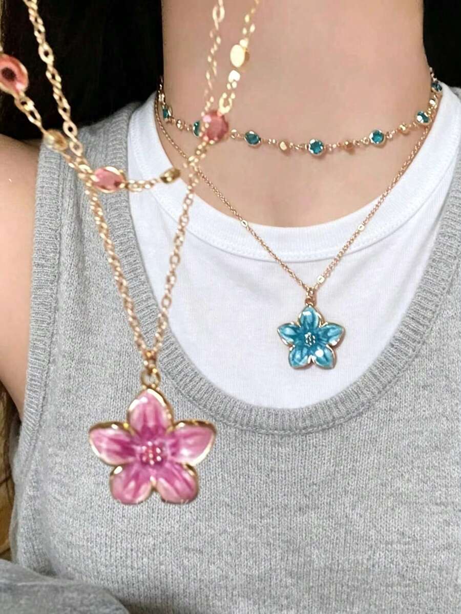 2pcs/Set Kalung Liontin Bunga Rhinestone Bertingkat, Set Kalung Remaja Modis - Gaya 1 - View 1