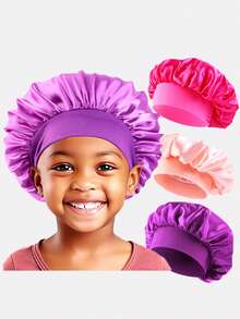 3pcs Children's Elastic Wide Brim Satin Round Sleep Cap Hair Bonnet Suitable For Daily Use - Blood Fang/Purple/Rose Red - View 1