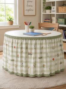 1pc Light Green Plaid Classroom Table Skirt, Sweet Campus Theme Polyester Tablecloth, Daisy Bow Apple Pencil Pattern, School Day Decoration Table Skirt, Suitable For Teacher Gifts, Home Decor, Classroom Decor And Party Decoration - Multicolor - View 9